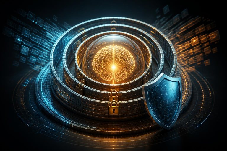 Abgeschirmter KI-Kern mit Code und digitalem Schutzschild
